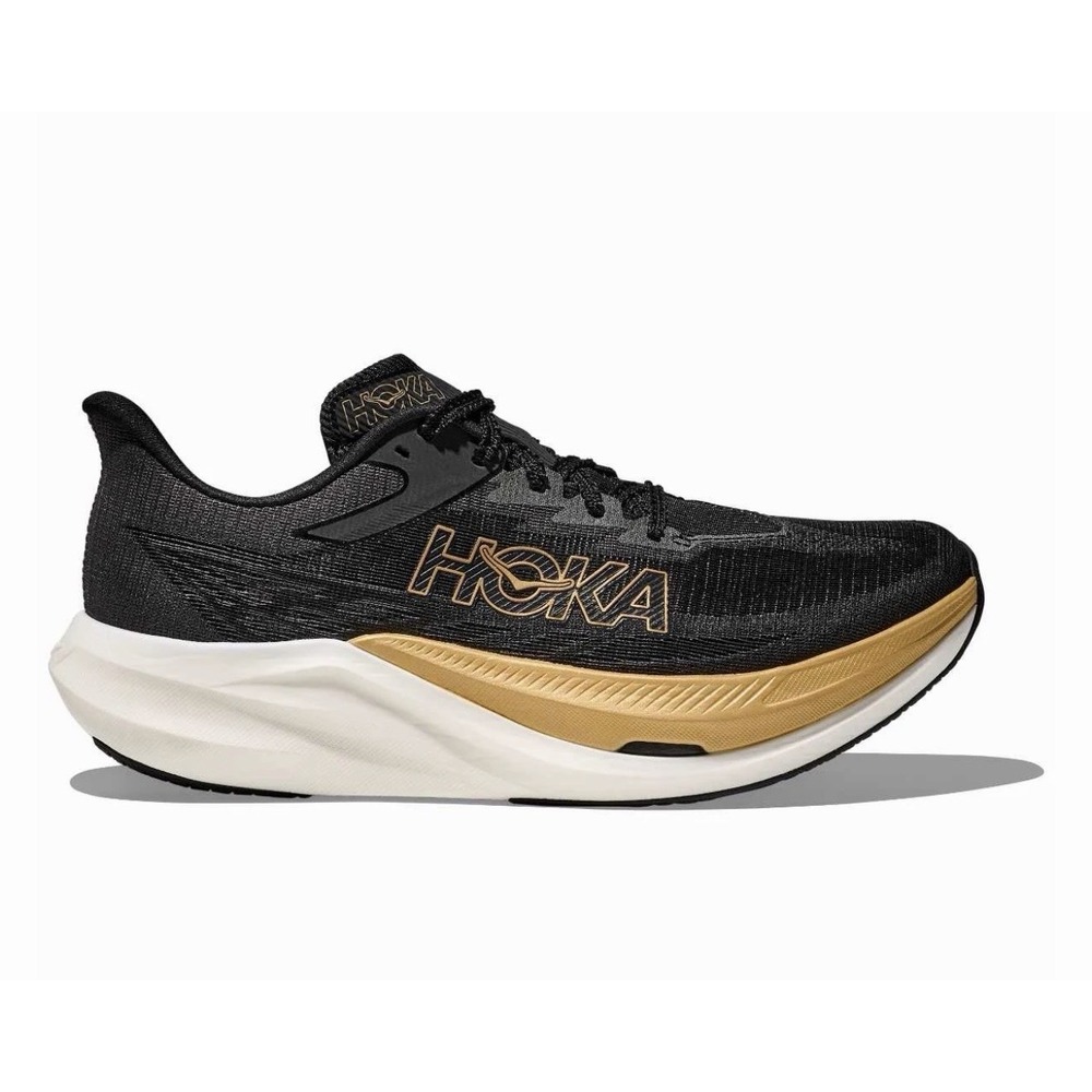 HOKA Unisex Rocket X 3 Running Shoes Black White Gold Size 7 Mens / 8 Womens NWB